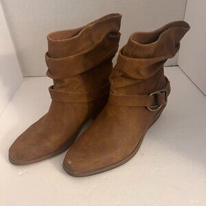 👢 Yellow Box Brown Suede-Look Ankle Boots – Size 7.5 – Slouch Buckle Booties